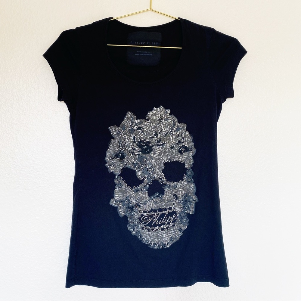 PHILIPP PLEIN COUTURE Limited Edition Skull Studded Black Tee SZ S